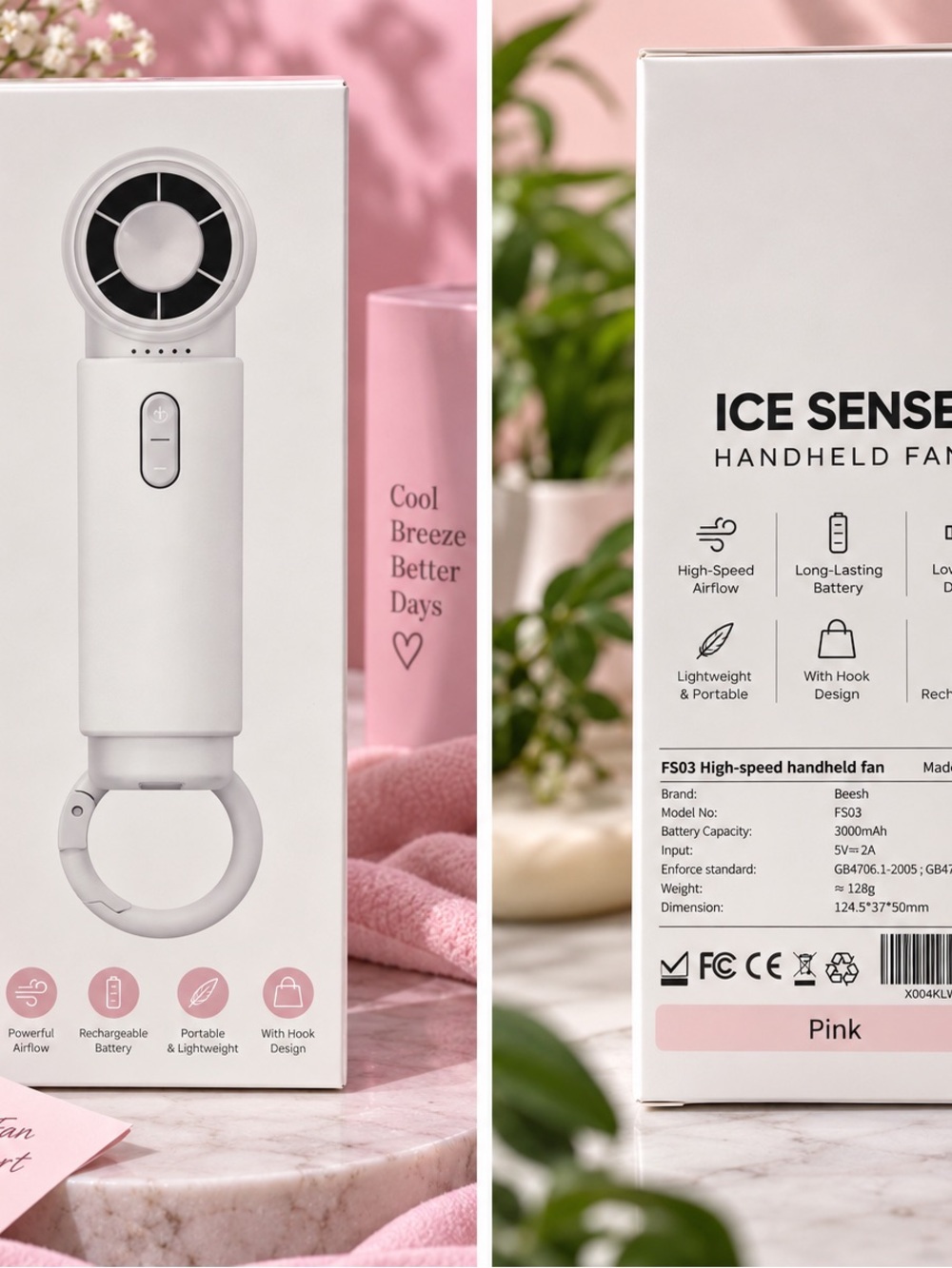 Pink Ice Sense Handheld Fan - Portable Rechargeable Cooling
